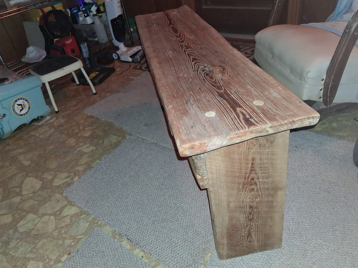 Hand hewn old growth South Georgia HEART of pine handmade Bench. From Quailrun Barn circa 1918. Blood Oath by One of 1 Barnwood Studios.