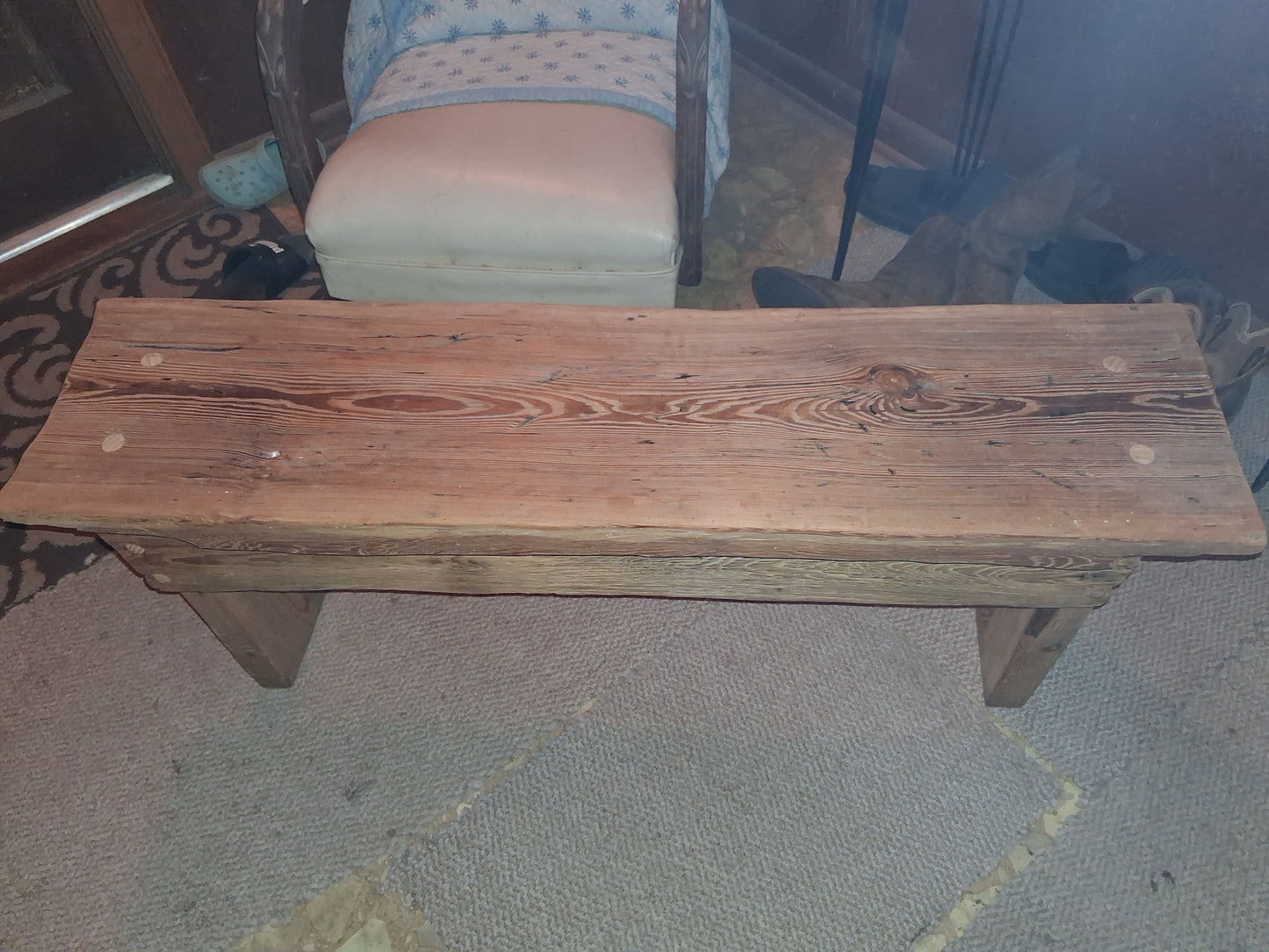 Hand hewn old growth South Georgia HEART of pine handmade Bench. From Quailrun Barn circa 1918. Blood Oath by One of 1 Barnwood Studios.